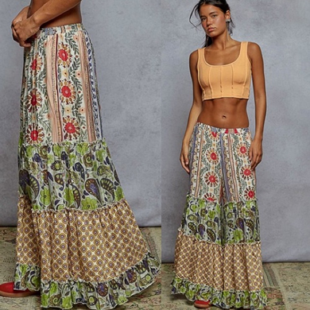 New POL Boho Hippie Colorful Print Patchwork Wide Leg Palazzo Pull On Pants